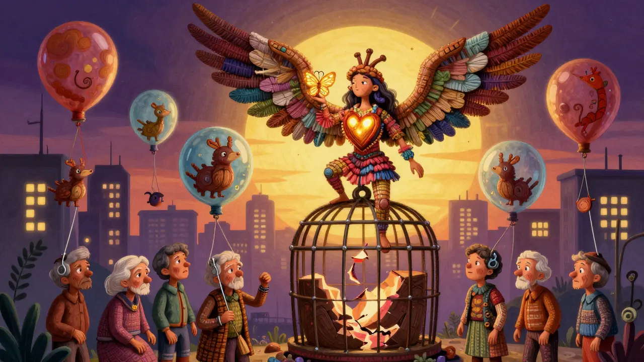 A radiant patient transformed into a winged figure, holding a butterfly-like clip, rising above shattered surgical cages as healing orbs lift others.