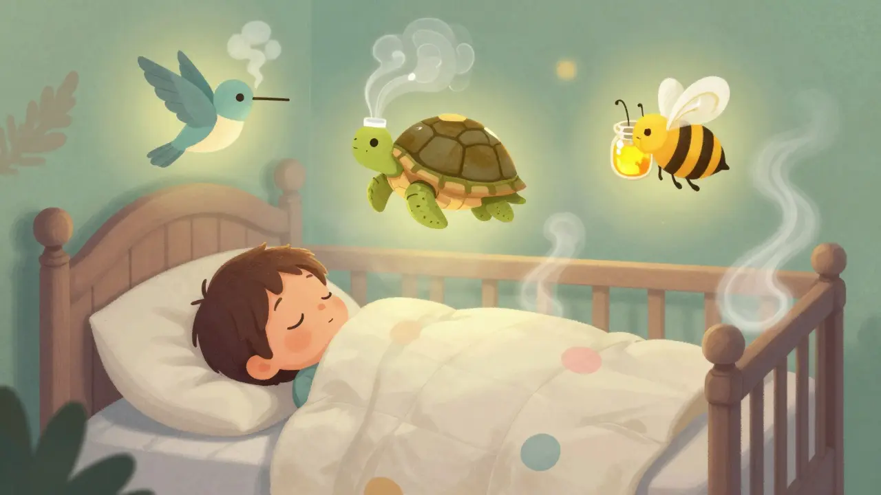 A sleeping child is watched over by magical spirit animals representing safe cold remedies like honey and humidifiers.