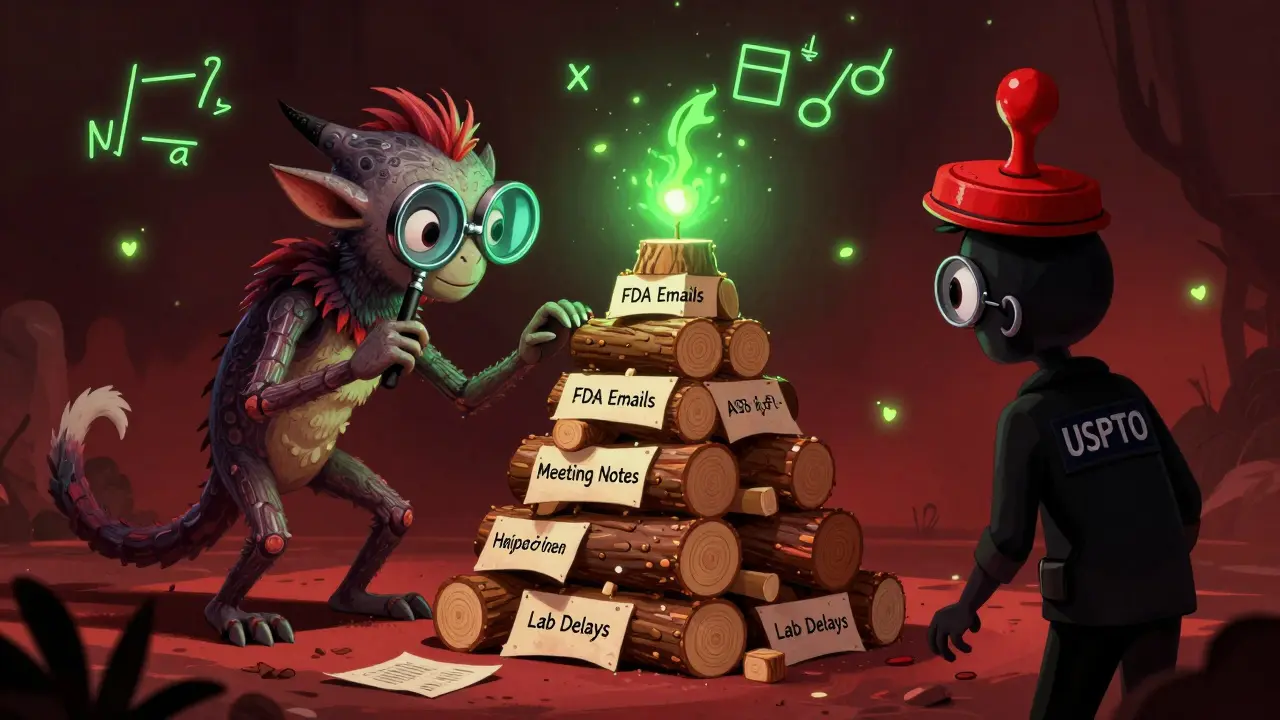 A spirit-animal stacking FDA documentation into a fragile pyramid, watched by a USPTO figure.