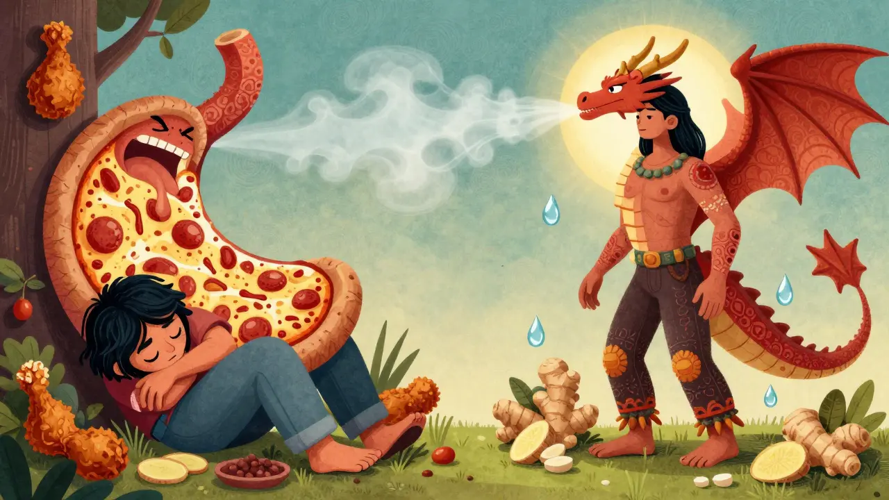 A split scene: one side shows nausea from greasy food, the other shows health with ginger, proteins, and calming mist in Alebrije style.