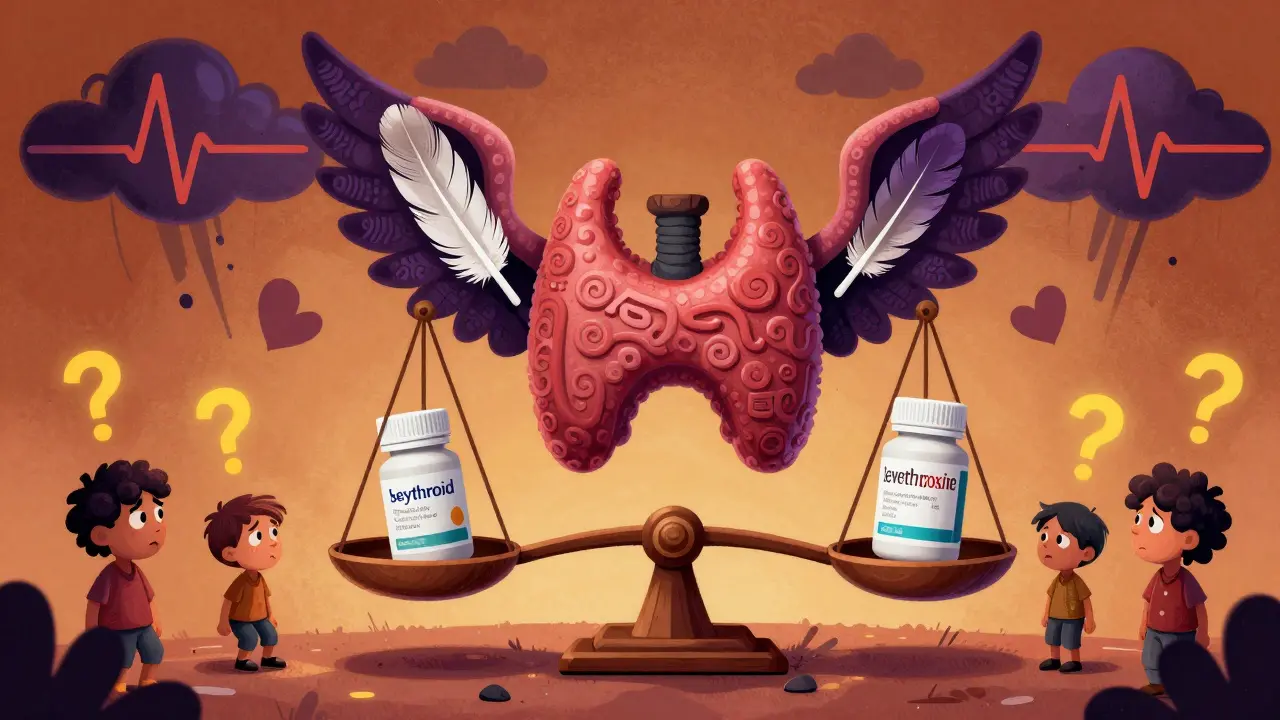 A winged thyroid gland balanced between brand and generic pills, with worried patients below in vibrant Alebrije art.