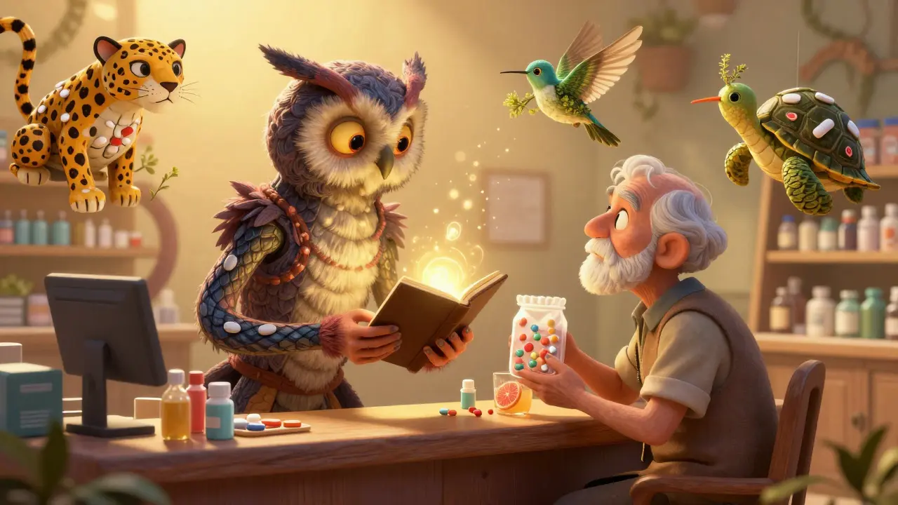 An alebrije spirit warns an elderly person at a mystical pharmacy counter, with dangerous interaction animals floating around them.