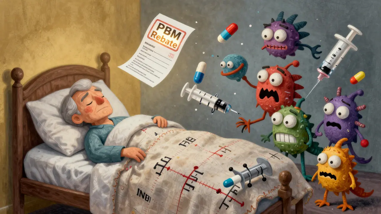 An elderly patient surrounded by chaotic pill creatures, contrasting peace and disruption from generic switches.
