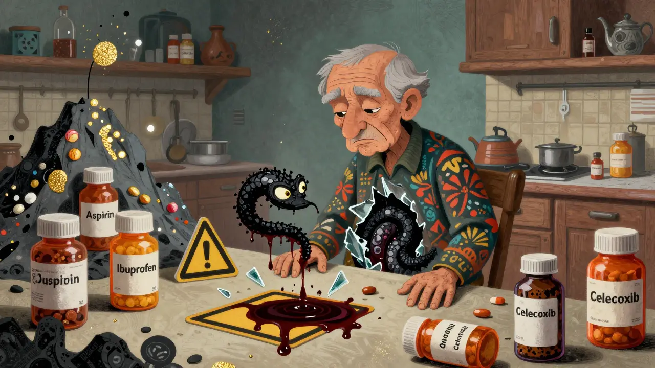 An elderly person surrounded by pill bottles as a dark, tar-like alebrije serpent emerges from their abdomen, dripping blood.