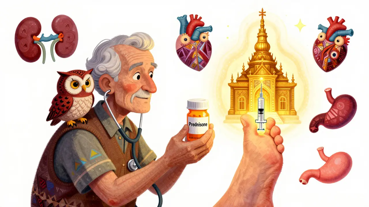 An elderly person with a steroid prescription, guarded by spirit animals, as their inflamed toe becomes a golden temple with an injection syringe spire.