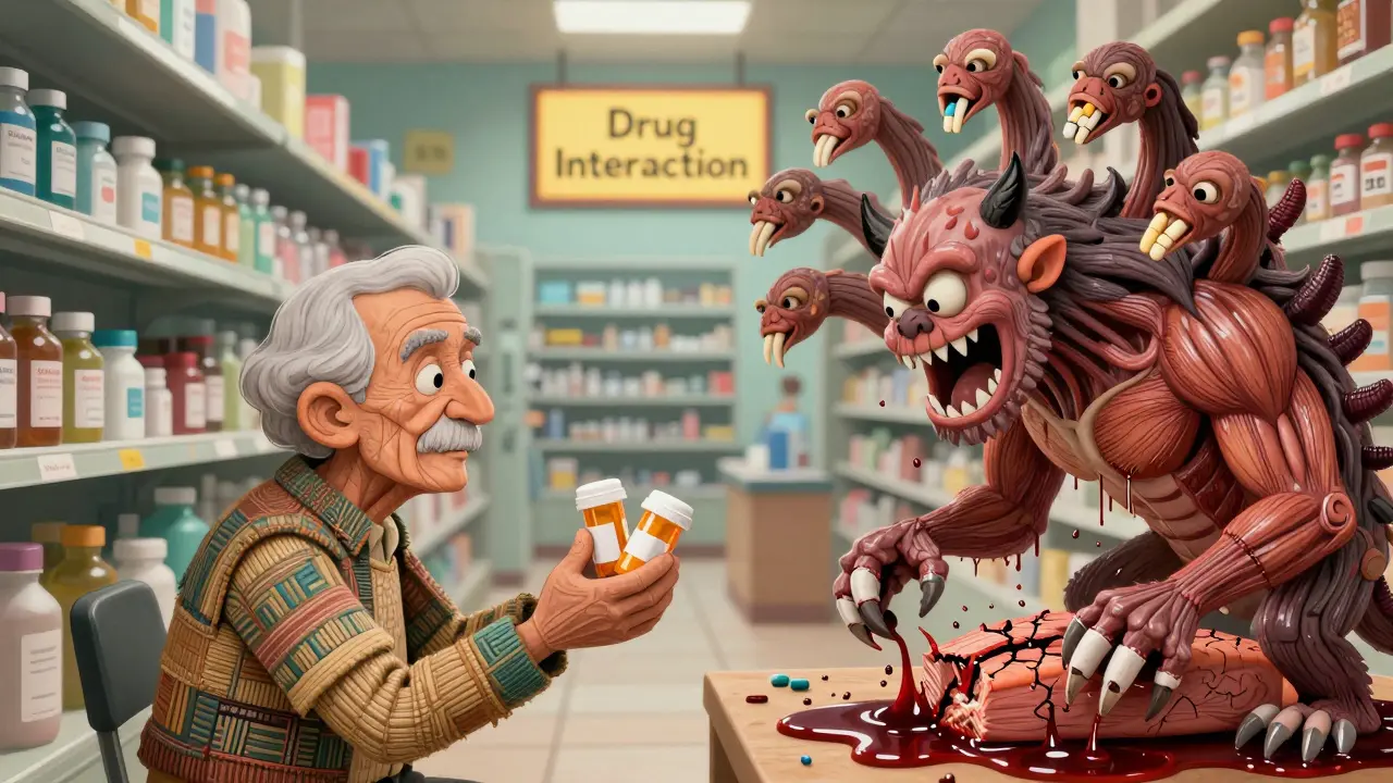 An elderly person with a textile body faces a multi-headed drug interaction beast, bleeding cola-colored fluid in folk-art style.