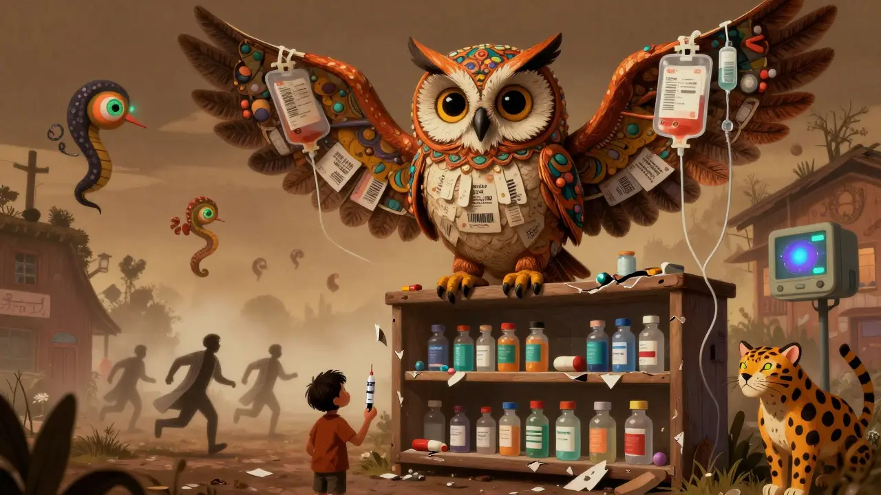 An owl with IV bag wings perched over a crumbling pharmacy, fake barcodes on feathers, child holding empty epinephrine pen.
