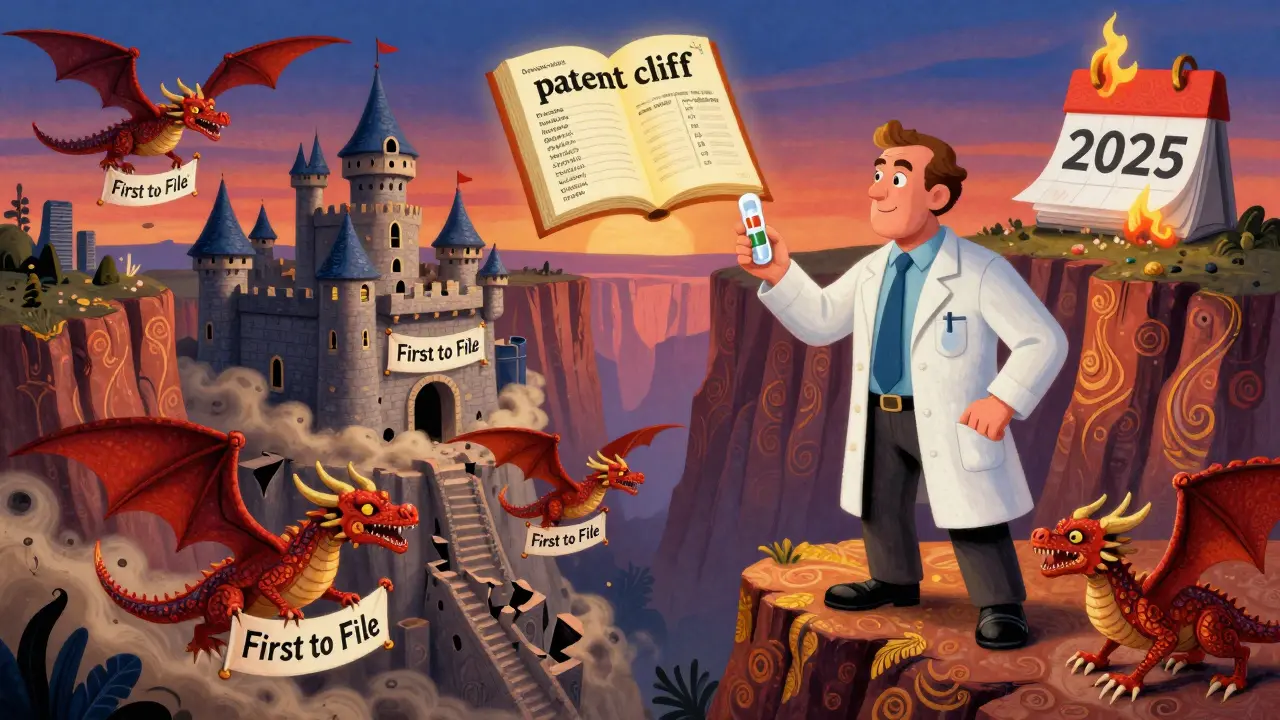 Brand-name castles falling off a cliff as generic dragons rise, with the FDA Orange Book glowing above.