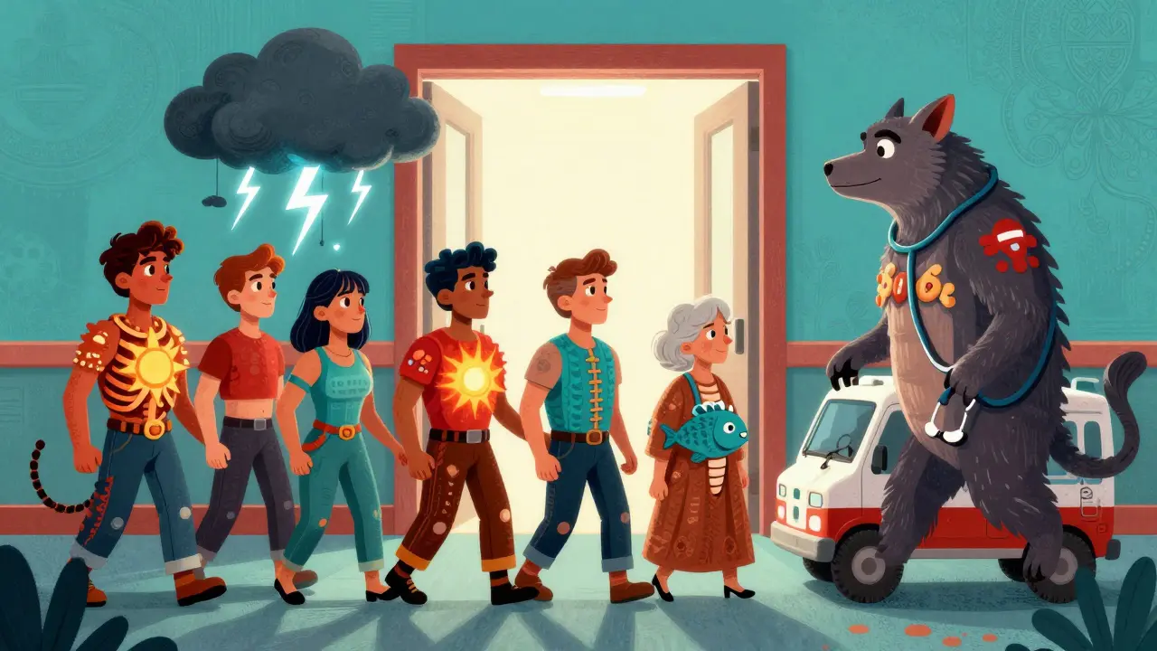 Diverse people guided by a spirit animal with ambulance wheels, representing timely medical care.