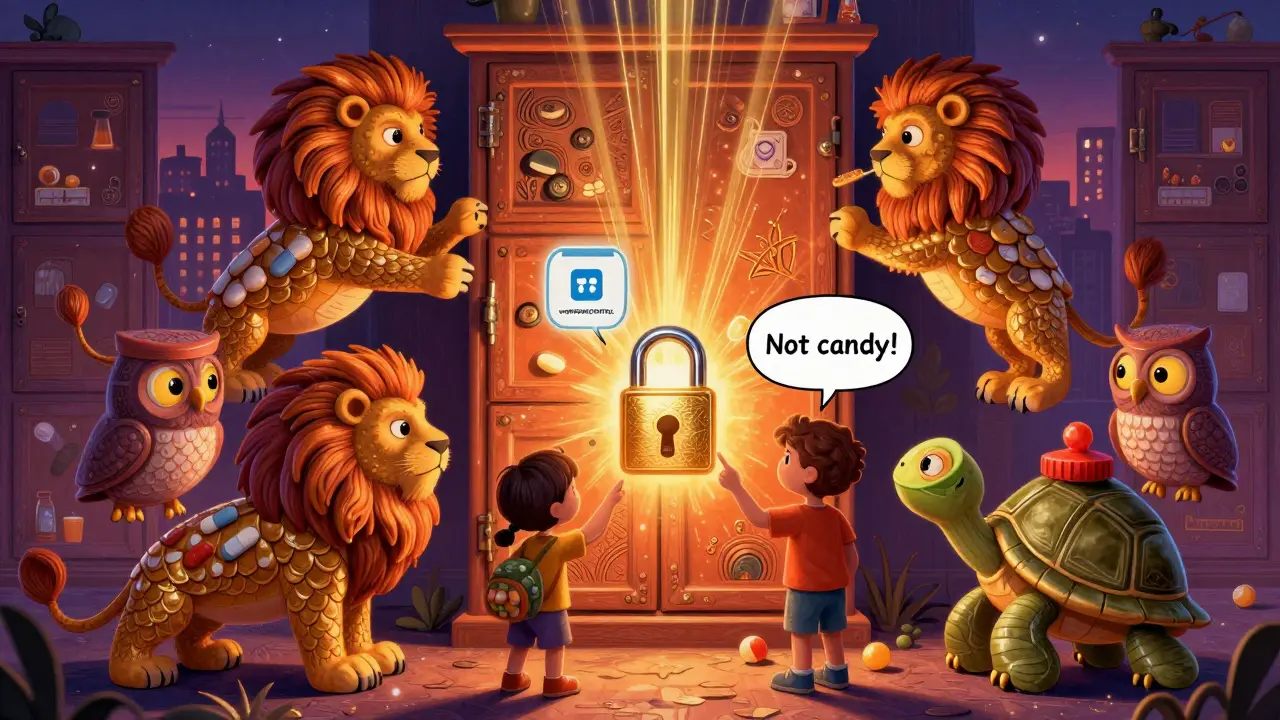 Family locking medicine cabinet as magical creatures guard it with child-resistant caps.