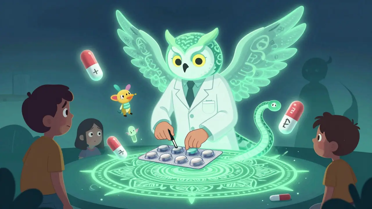 Mythical pharmacist assembling medication packs with glowing, symbolic pills in a magical setting.