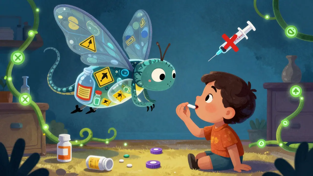 Parent removing pill from child's mouth while protective alebrije creature hovers above.