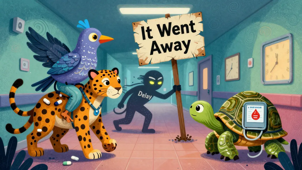 Patients carried by spirit animals made of medical symbols through a surreal hospital hallway, chasing away a 'Delay' shadow figure.