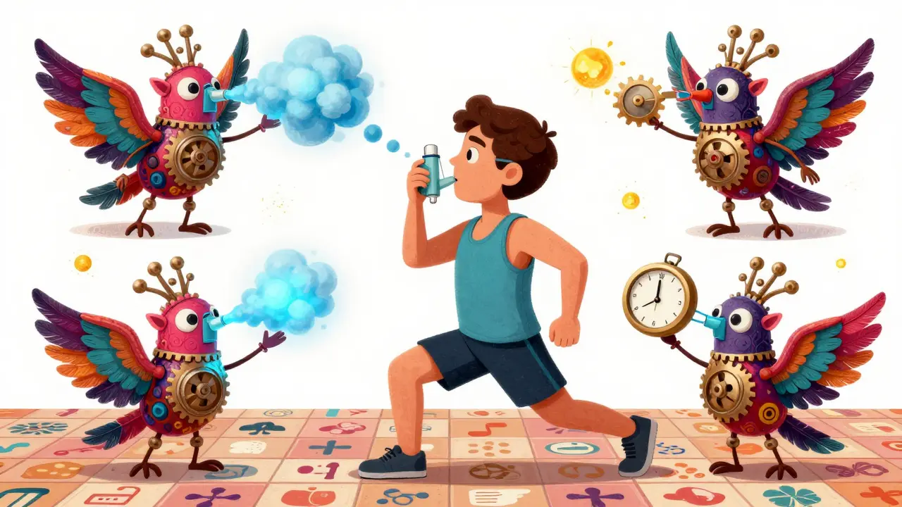 Person using inhaler with spacer, surrounded by whimsical alebrije creatures symbolizing proper technique.