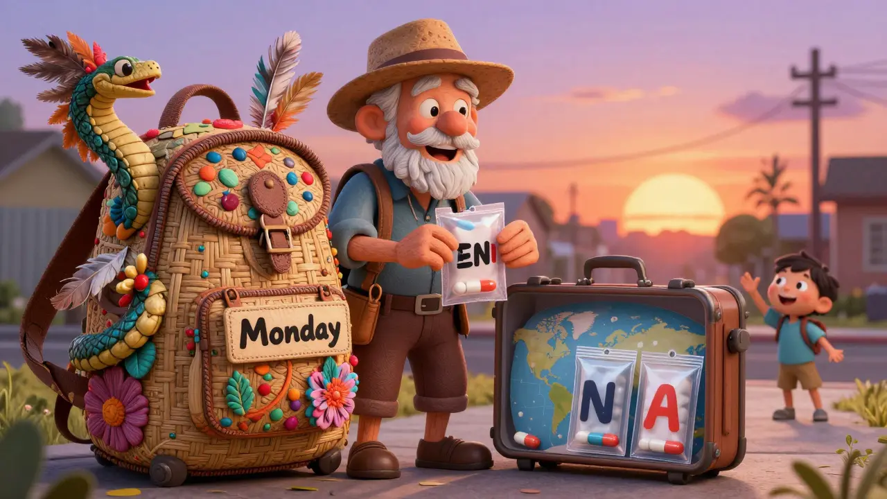 Senior tearing a daily pill pouch from a fantastical travel backpack with a grandchild nearby.