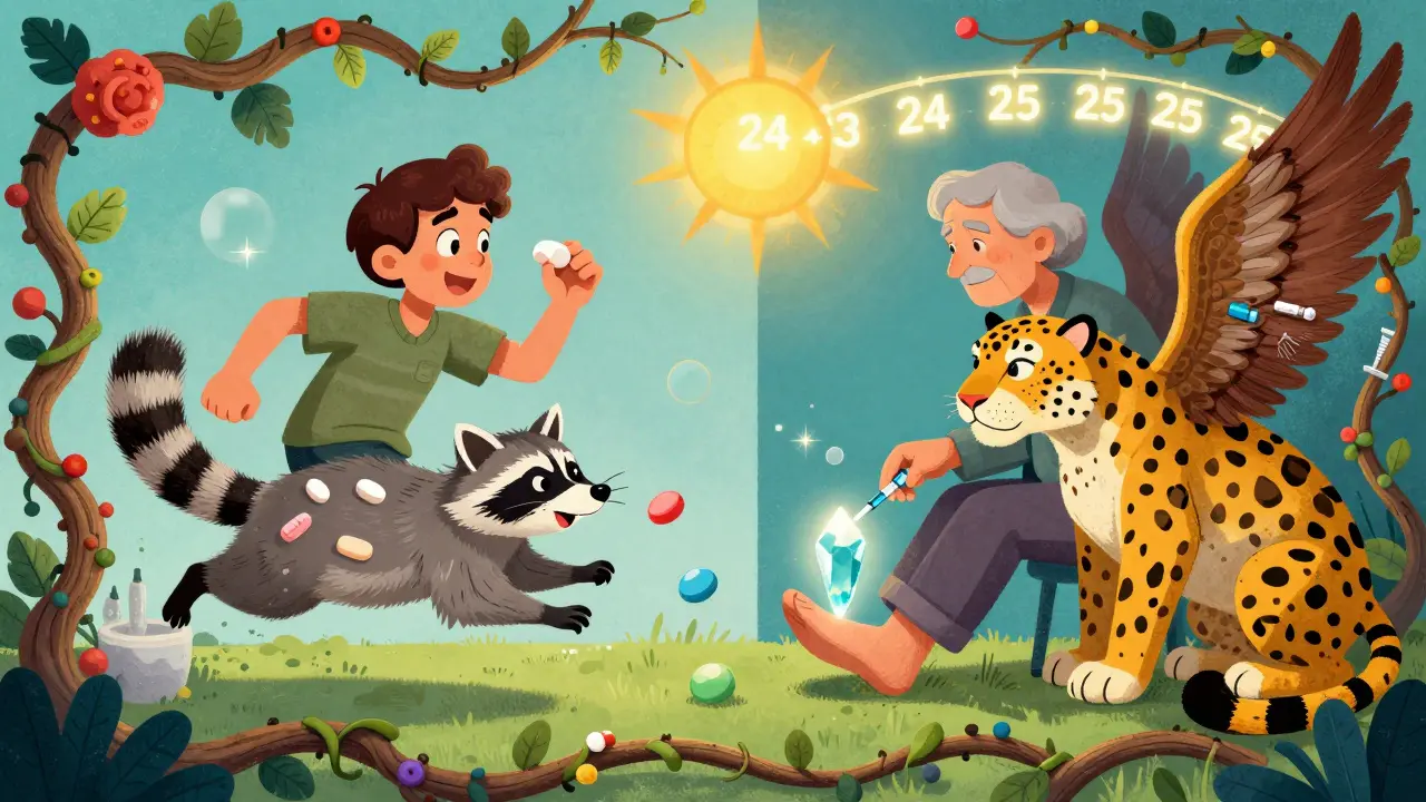 Split scene: a young person taking NSAIDs next to an older person receiving a joint injection, both surrounded by alebrije-inspired symbols of speed and safety.