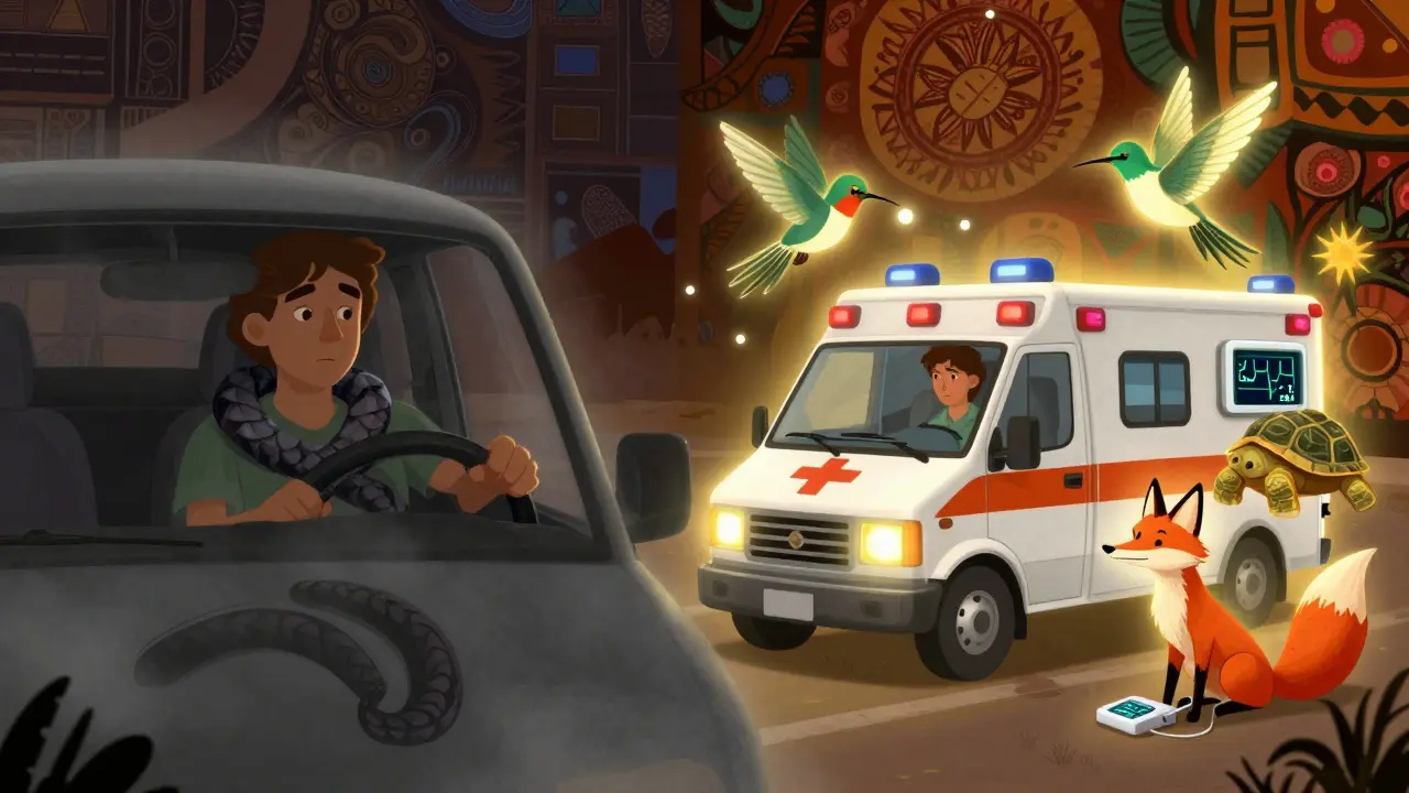 Split scene: driving alone vs. ambulance with protective spirit animals, showing life-saving choice.