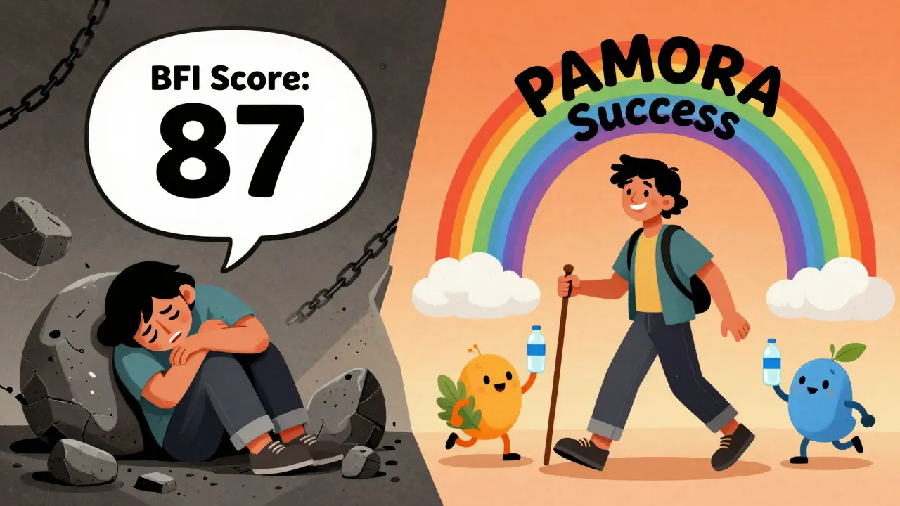 Split scene: one side shows suffering with high BFI score, the other shows freedom under a rainbow with PAMORA success symbols.