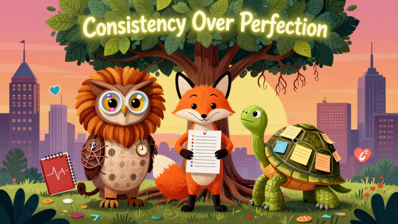 Three magical creatures representing medication, coaching, and organization standing under a calendar tree.