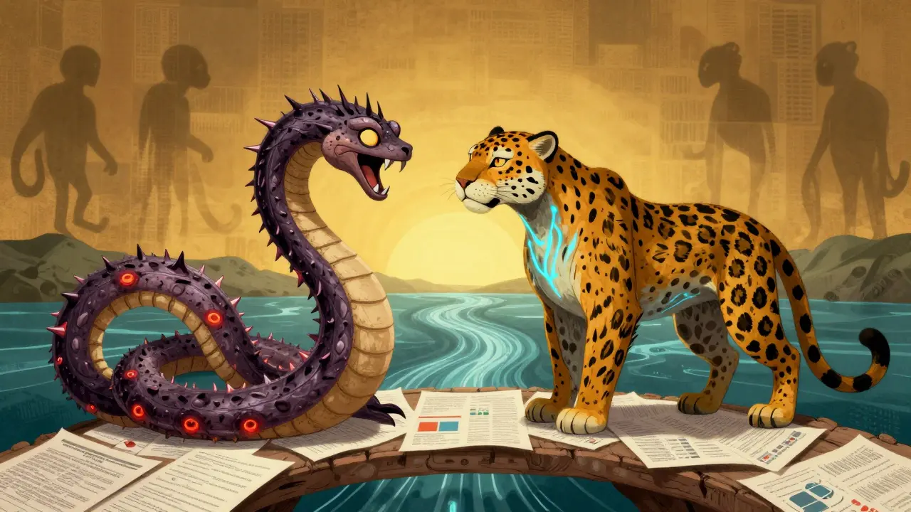 A calm jaguar drug figure taming a spiky autoimmune serpent on a bridge of research papers, under a flowing river of data.