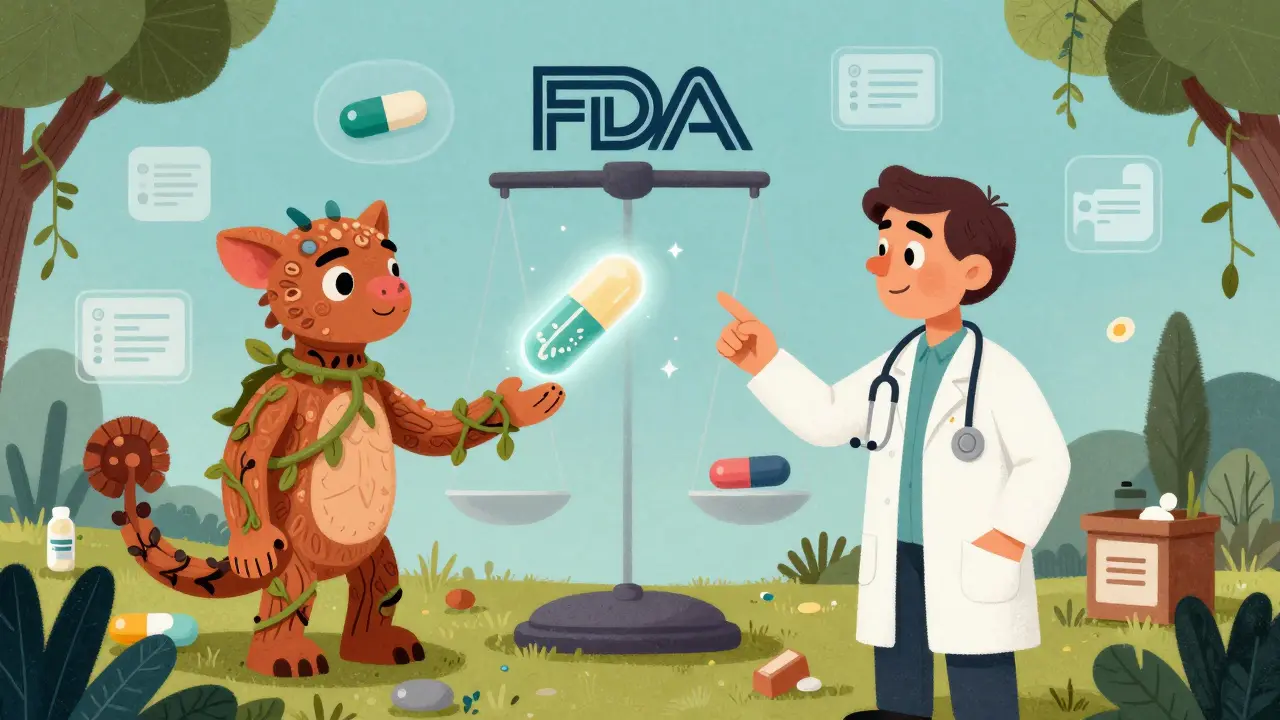 A doctor and patient face a glowing scale comparing generic and brand-name pills, surrounded by scientific symbols in alebrije art style.