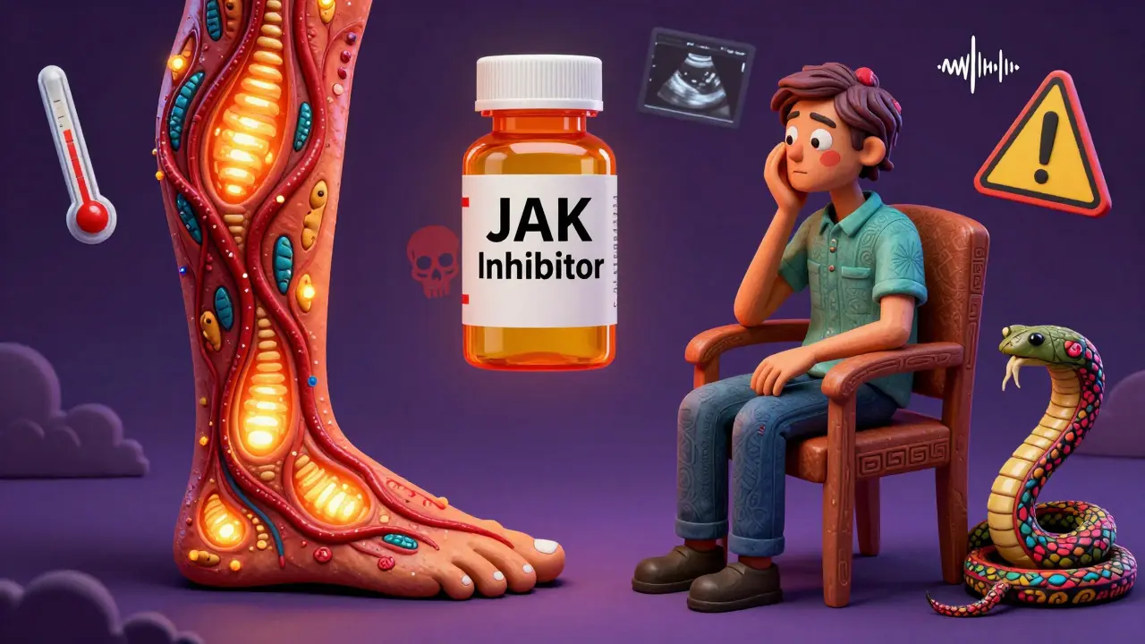 A fantastical leg with glowing blood clots, a JAK inhibitor bottle with a skull, and medical icons in vibrant Mexican folk art style.