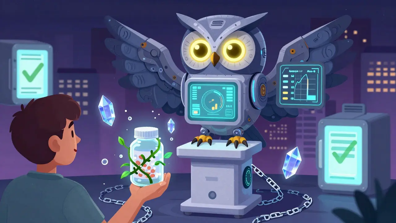 A futuristic monitoring station shaped like an owl, displaying real-time data with AI and blockchain elements.