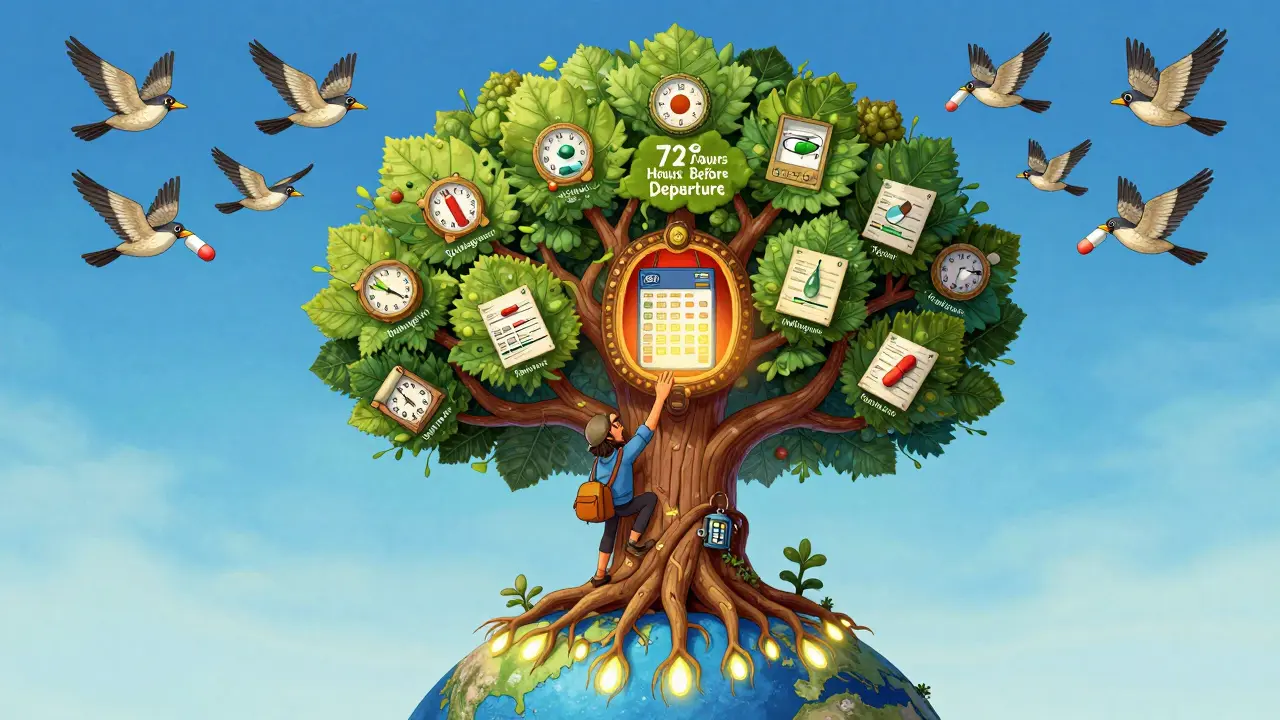 A giant calendar tree with drug-themed leaves, a traveler placing a dosing plan into a CDC calculator lantern, clockwork birds flying across time zones.