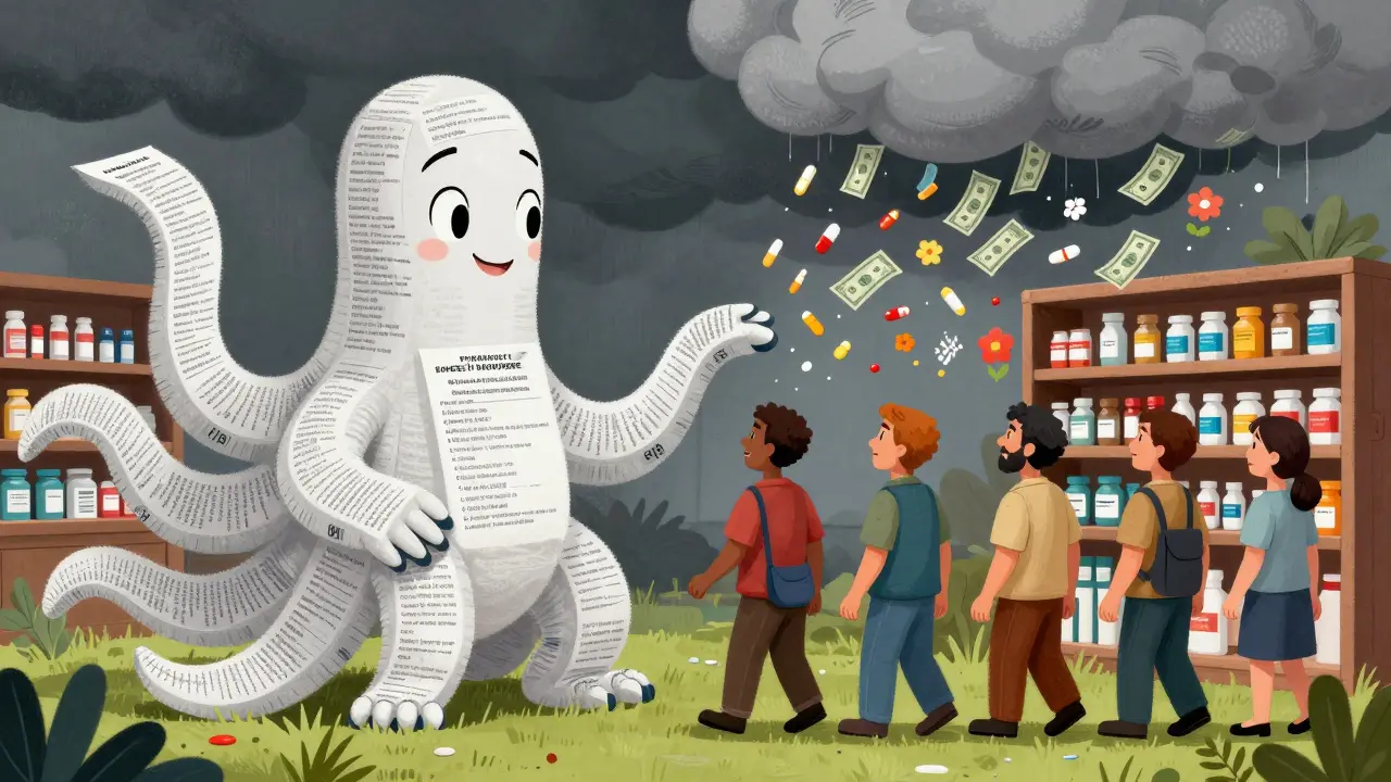 A giant PBM creature guides workers to shelves of generic pills, while brand-name drug prices transform into flowers in vibrant alebrije style.