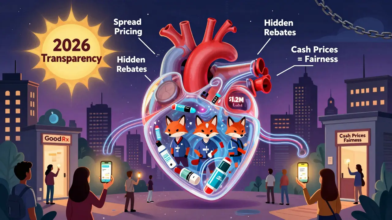 A glowing transparent heart reveals drug pricing secrets as transparency sunlight breaks chains of hidden fees.