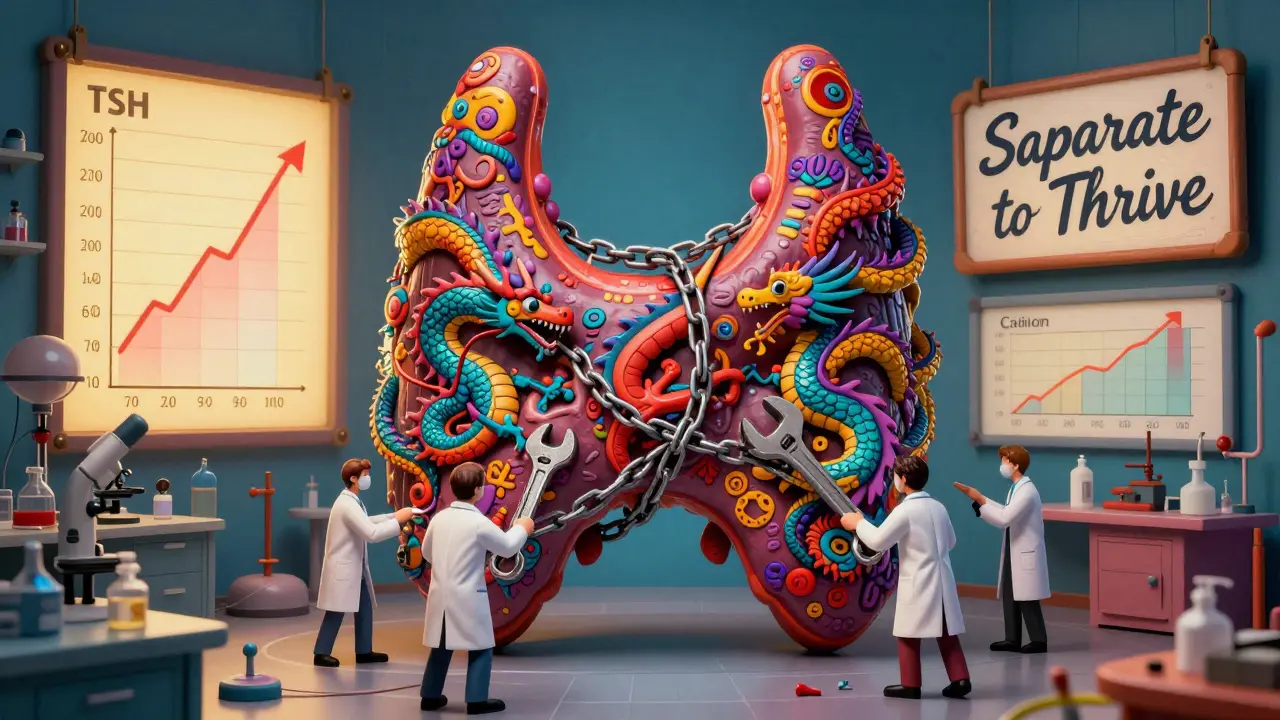 A living thyroid gland being freed from calcium and iron chains by tiny workers, with blood test results glowing in the background.