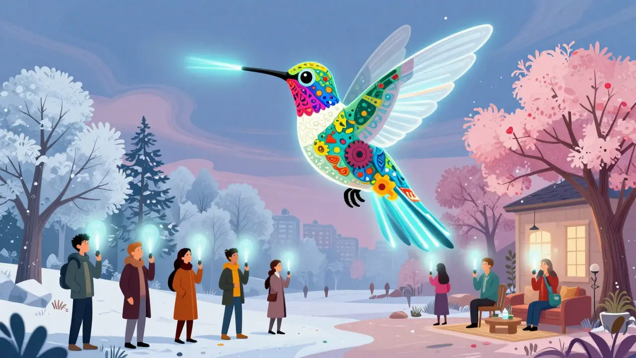 A magical hummingbird light therapy device shines over diverse users, blending science with Alebrije artistry.