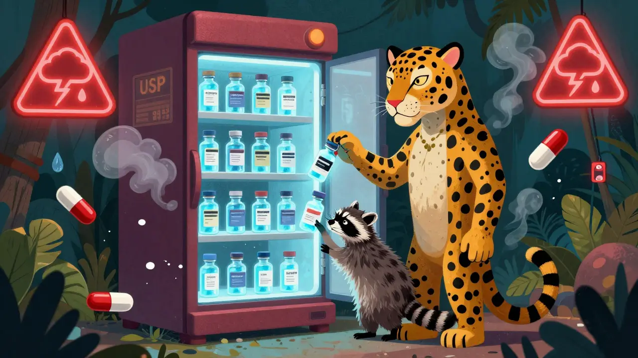 A magical pharmacy fridge guarded by a jaguar, with dangerous humidity and cracked pills floating nearby.