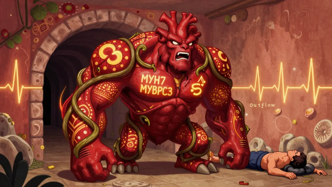 A muscular heart beast with thick walls blocking blood flow, glowing gene symbols and a fainting athlete nearby.