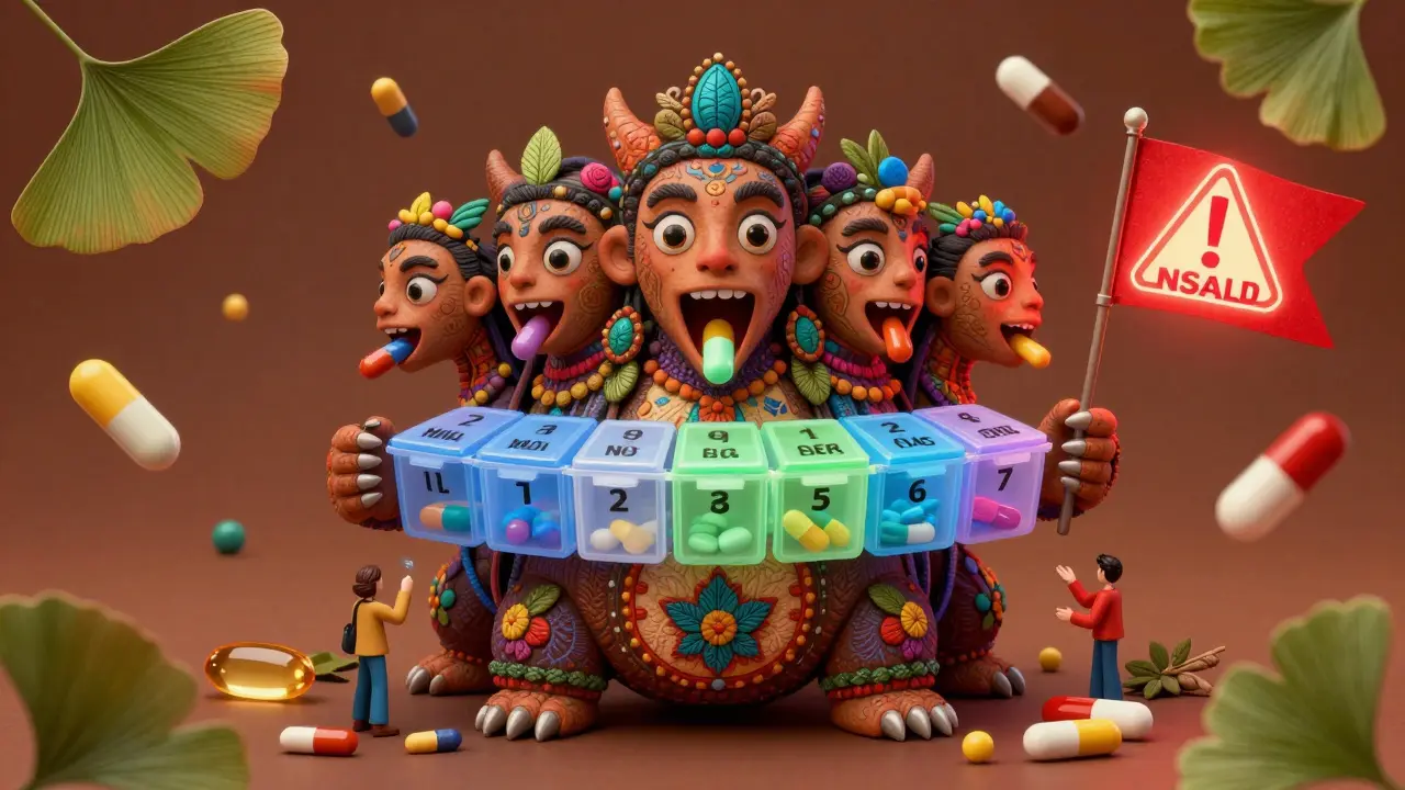 A mystical seven-headed pill organizer with pills in morning and evening slots, warning flags for dangerous drug combinations.