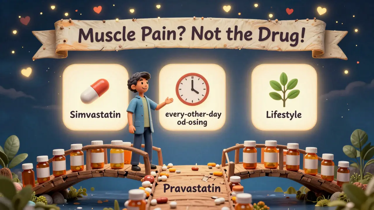 A patient walking from a crumbling simvastatin bridge to a sturdy pravastatin path, with alternative treatments glowing behind them and heart icons shining above.
