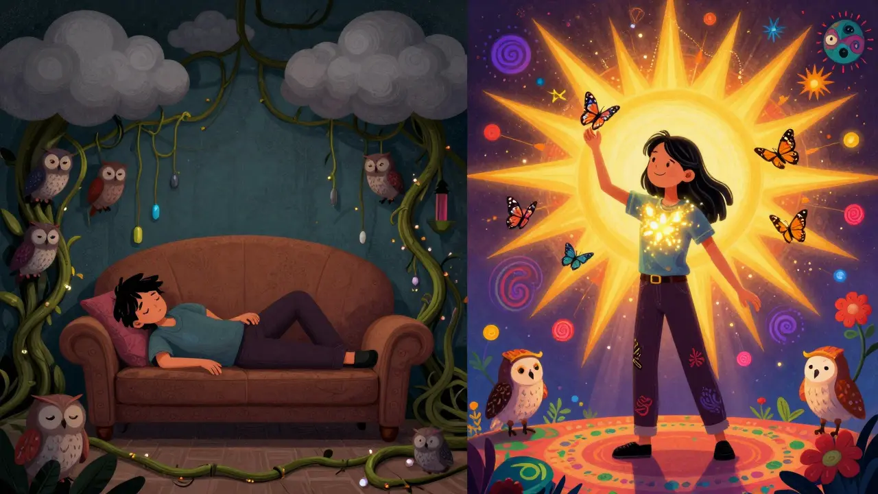 A person transformed from winter fatigue to energy, surrounded by glowing butterflies and folk-art light patterns.