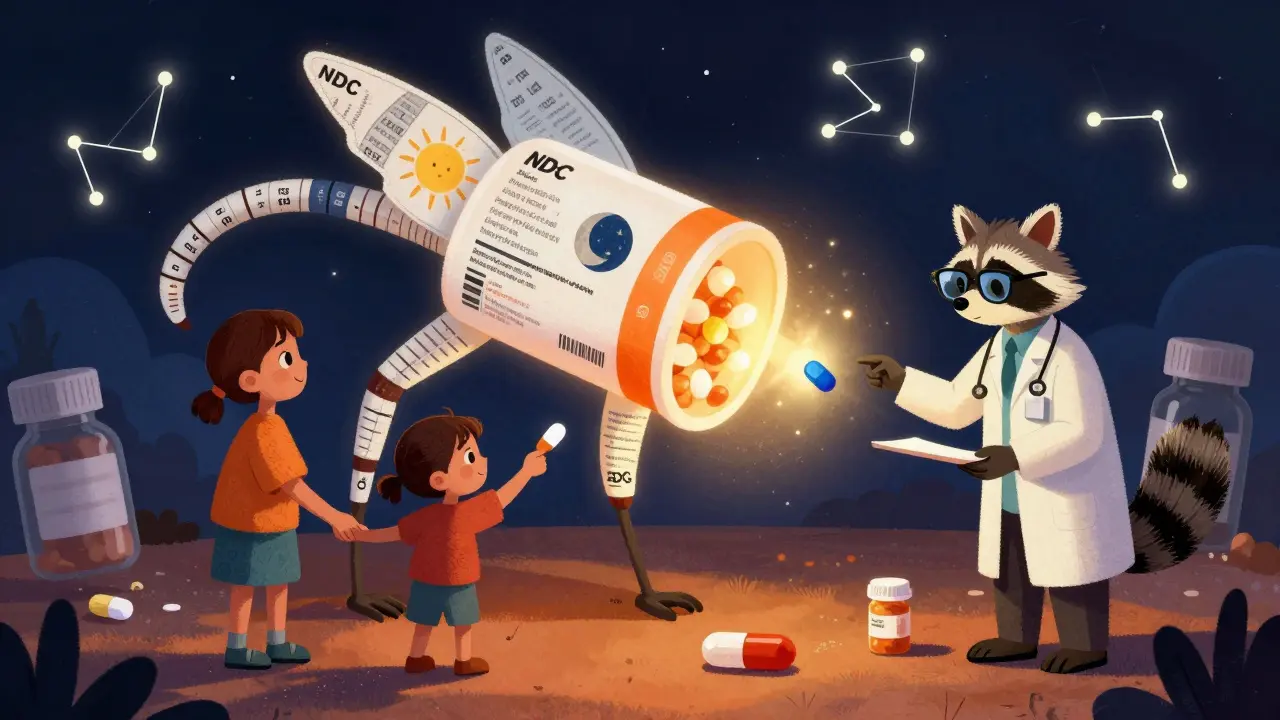 A prescription label transforming into a living creature with pictograms, watched by a child and pharmacist correcting a pill mismatch.