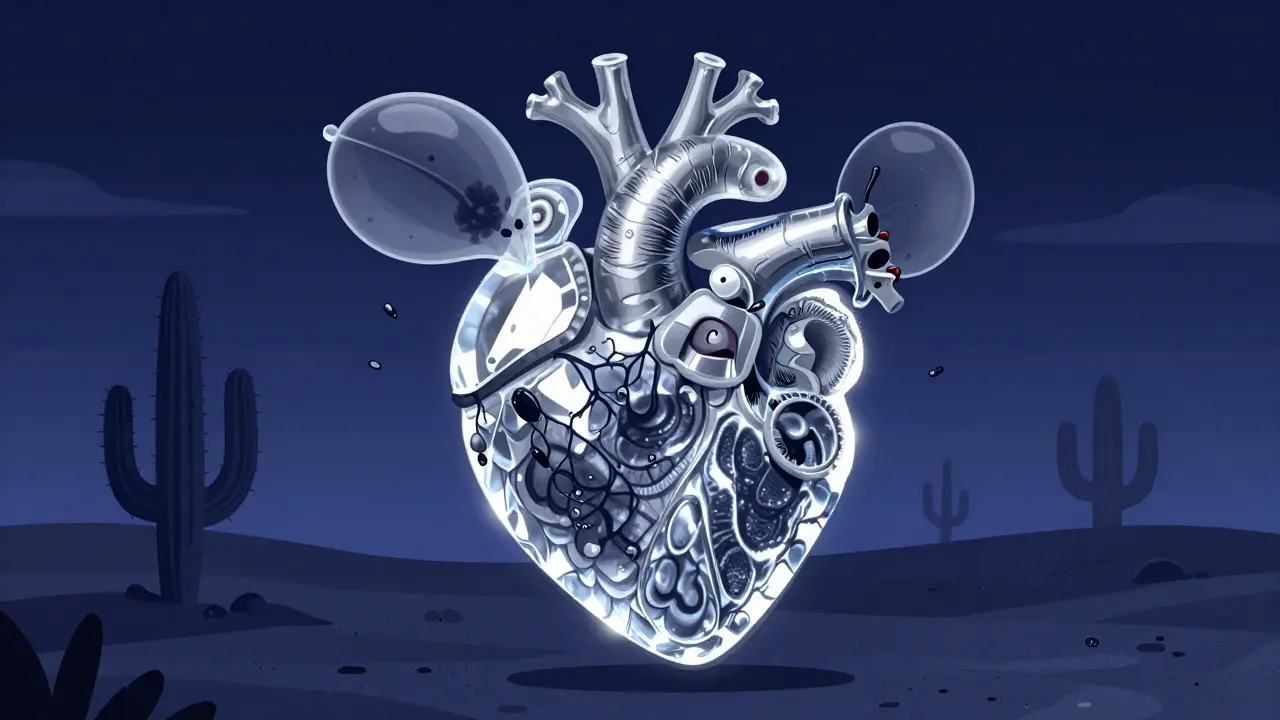 A rigid heart encased in crystalline scales, with amyloid shards invading and atria ballooning under a twilight sky.