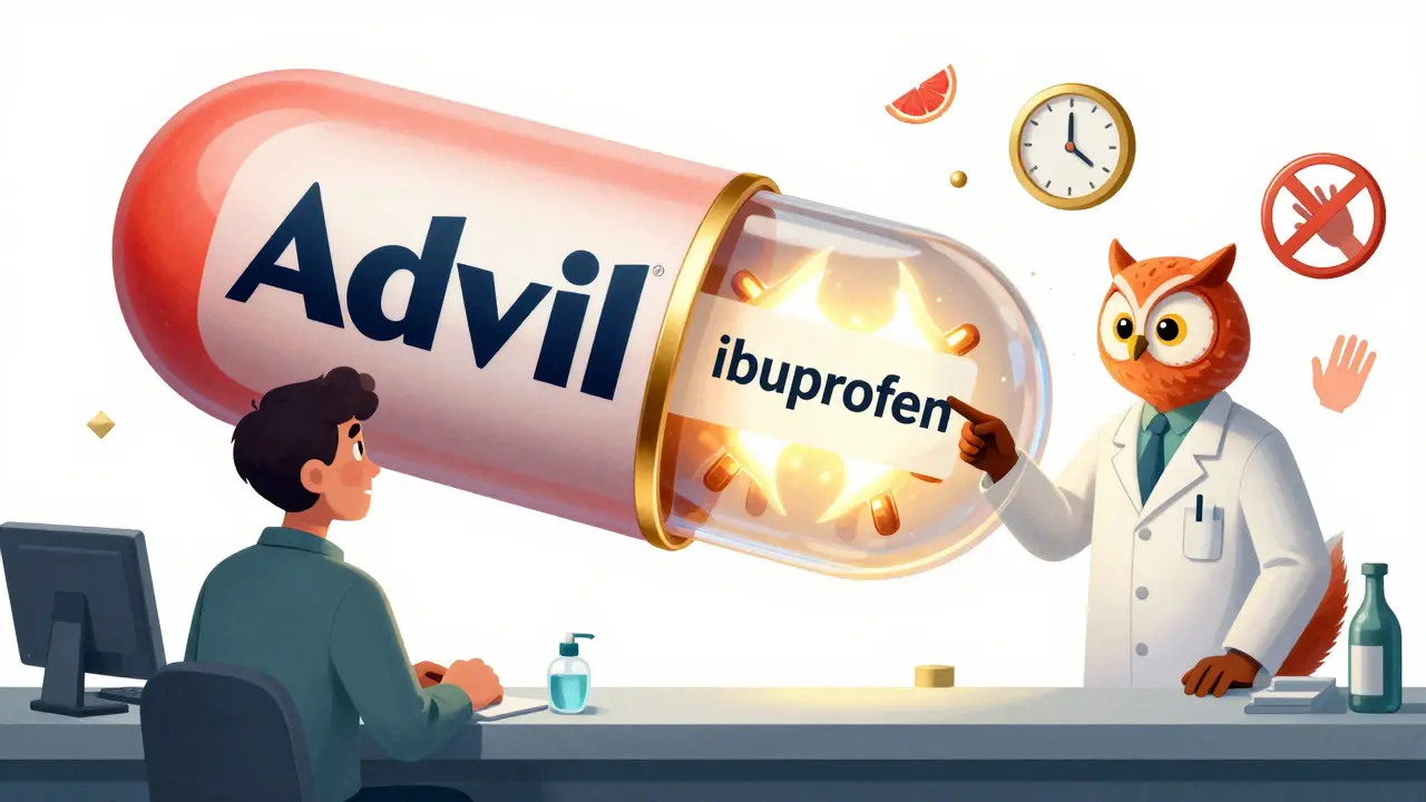 A split pill labeled with brand and generic names, shown beside a patient and animal-featured pharmacist pointing at warning symbols.