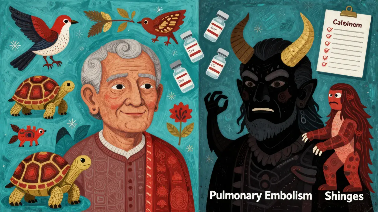 A split portrait of an elderly patient with protective animals on one side and dangerous illness creatures on the other, surrounded by vaccines and a checklist.