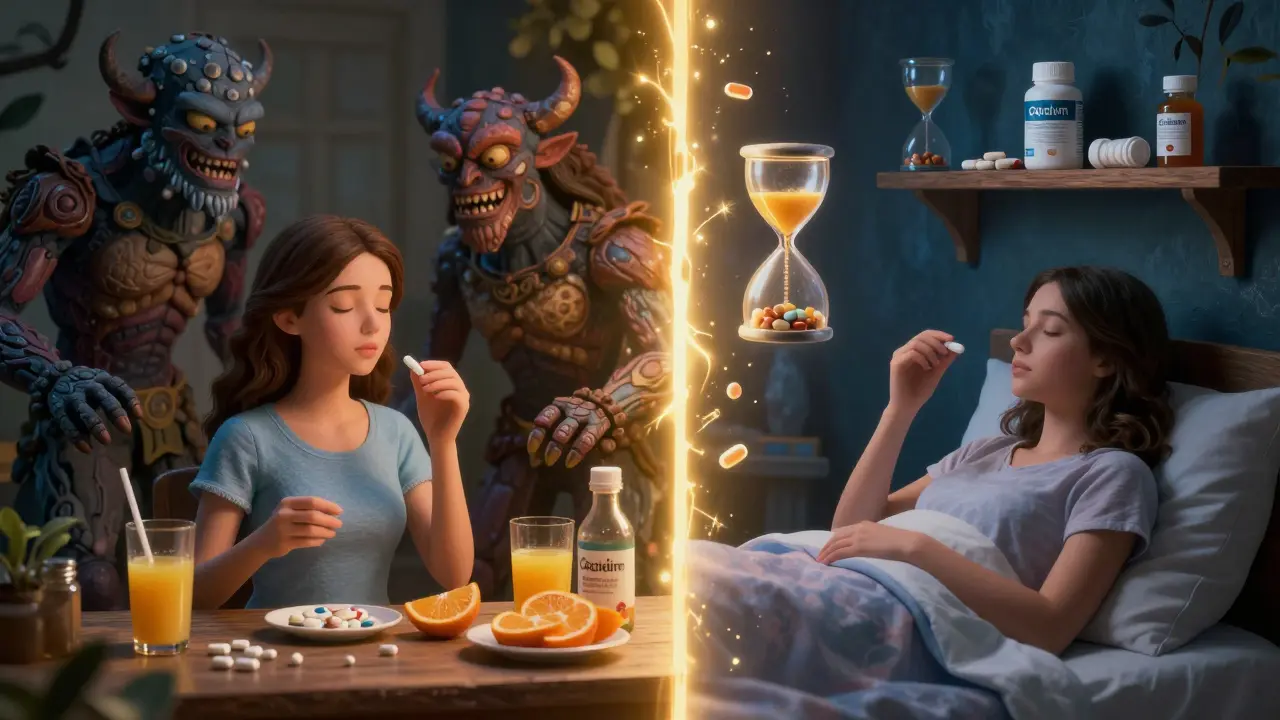 A split scene showing morning supplement conflicts and nighttime separation with glowing time barrier for thyroid medication.