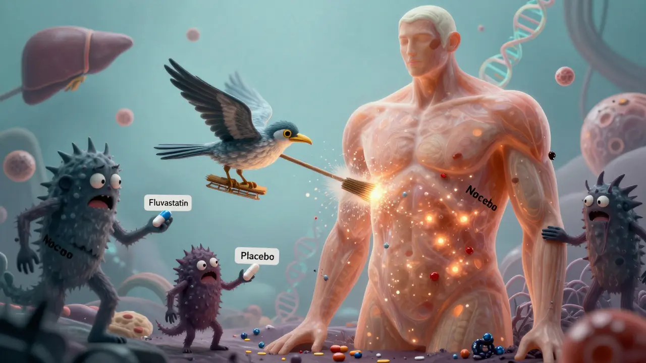 A translucent human torso with cholesterol particles being cleaned by a fluvastatin bird, while nocebo monsters cling to others holding placebo pills.