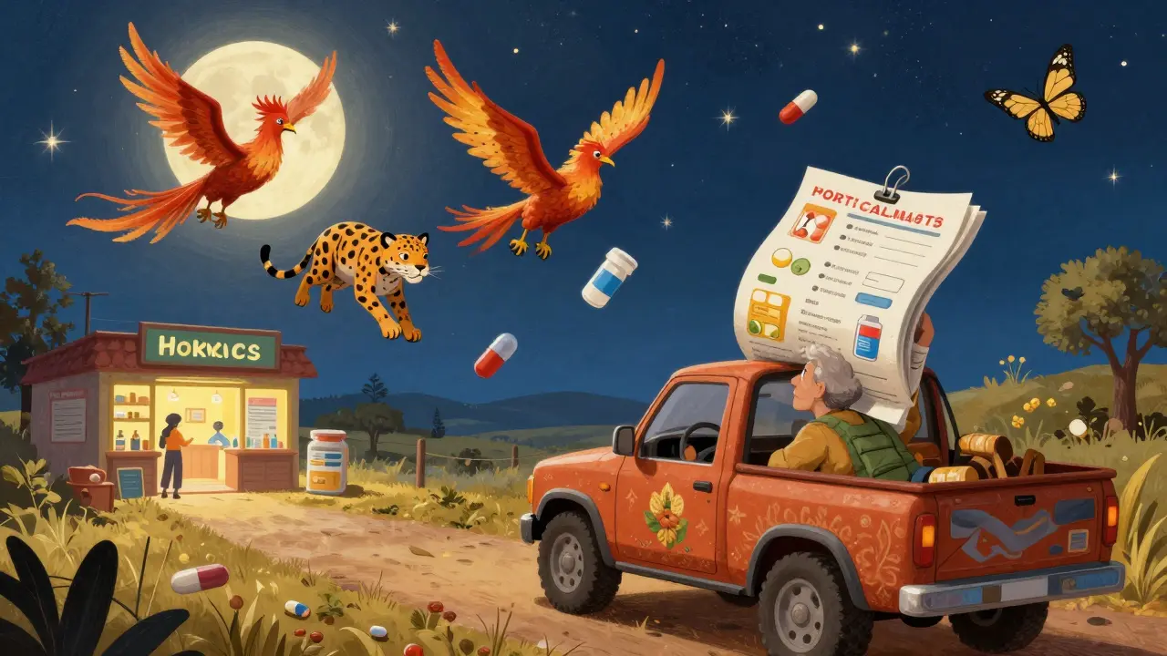 An older adult driving to a pharmacy under a starry sky, with pill-related spirit animals flying beside them in a rural setting.