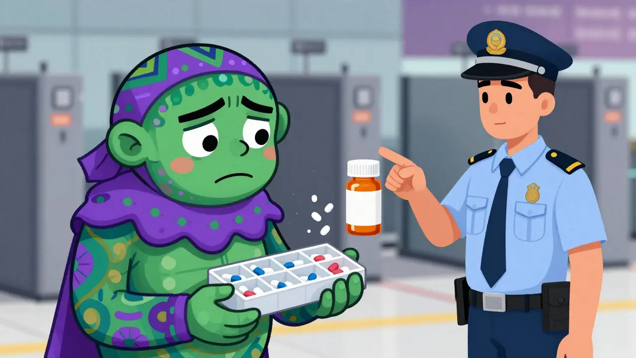 Creature holding pill organizer without original prescription bottle