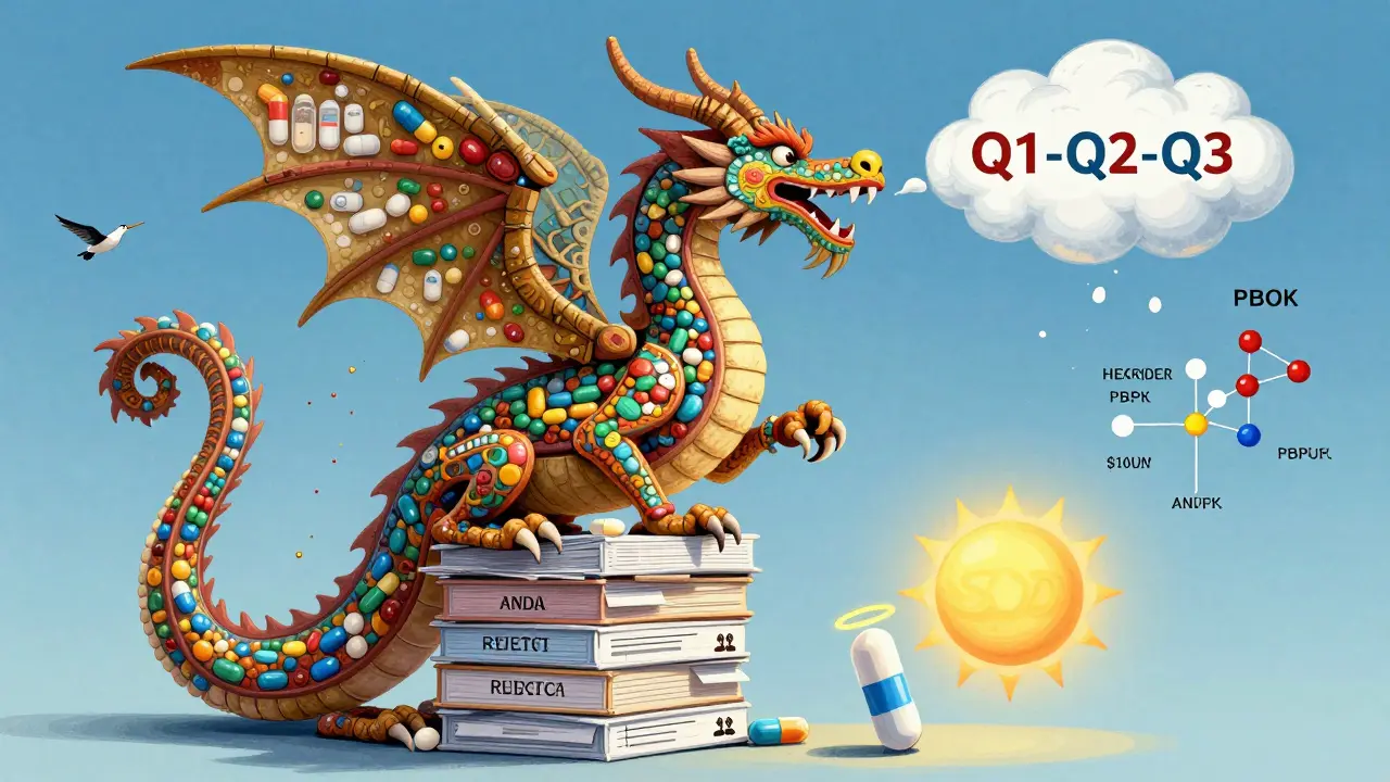 Dragon sculpture made of pill bottles, breathing Q1-Q2-Q3 symbols, as a generic pill ascends to the FDA sun.