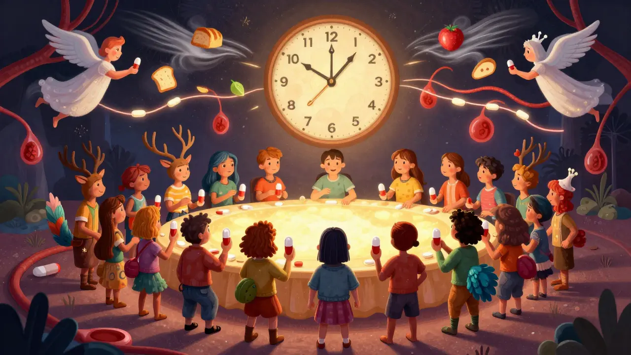 Fantastical volunteers around a fasting table, with blood absorption trails in the air.