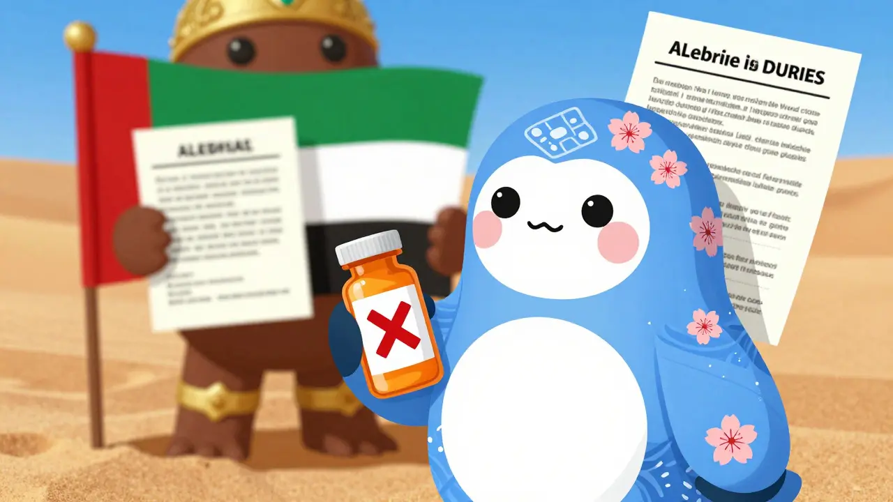 Japanese-inspired creature with crossed-out pill bottle