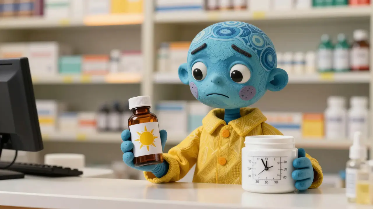 Patient examining two medicine bottles with sun and clock symbols versus cream jar and shorter clock.