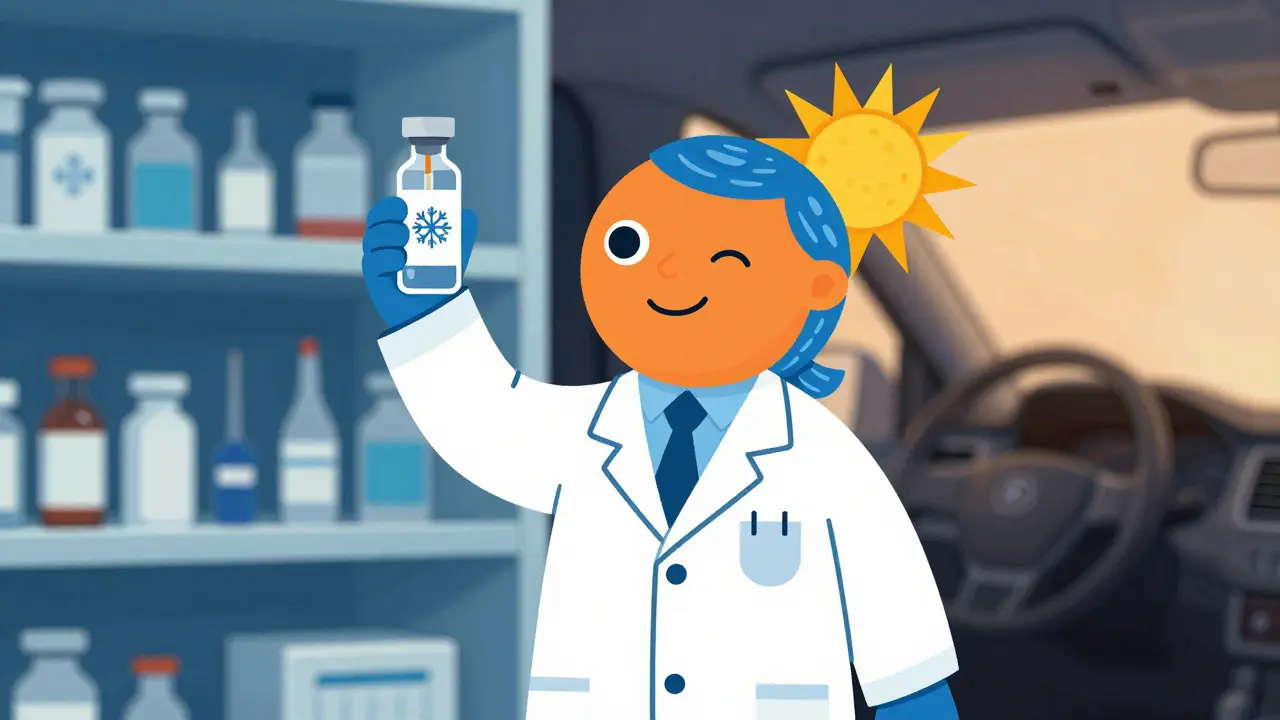 Pharmacist with thermometer and storage condition symbols for compounded medication.